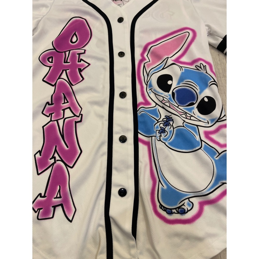 Disney Stitch Ohana Baseball Jersey Kids Large White‎ Pink Blue Button Up Shirt
